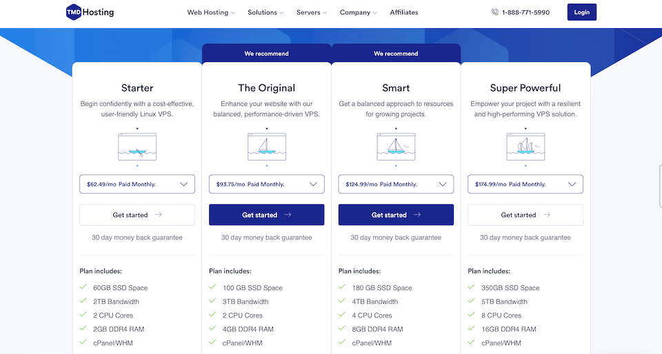 TMD Hosting pricing plans comparison for VPS: Starter, The Original, Smart, Super Powerful. Features, prices, and plan details listed.