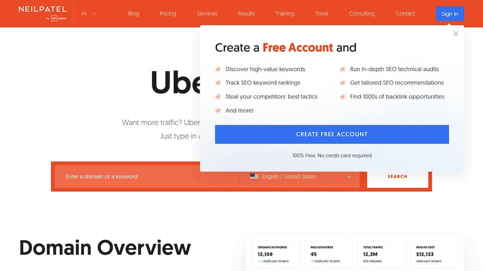 Website page with a pop-up offering a free account for SEO tools. Features include keyword tracking and SEO audits.