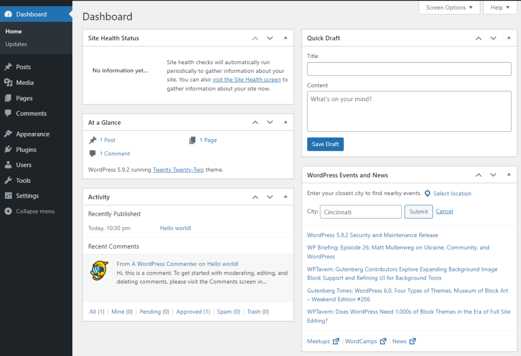 WordPress dashboard interface showing navigation menu, welcome message, site customization options, activity summary, quick draft, and WordPress news updates.