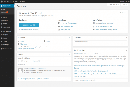 WordPress dashboard interface showing navigation menu, welcome message, site customization options, activity summary, quick draft, and WordPress news updates.
