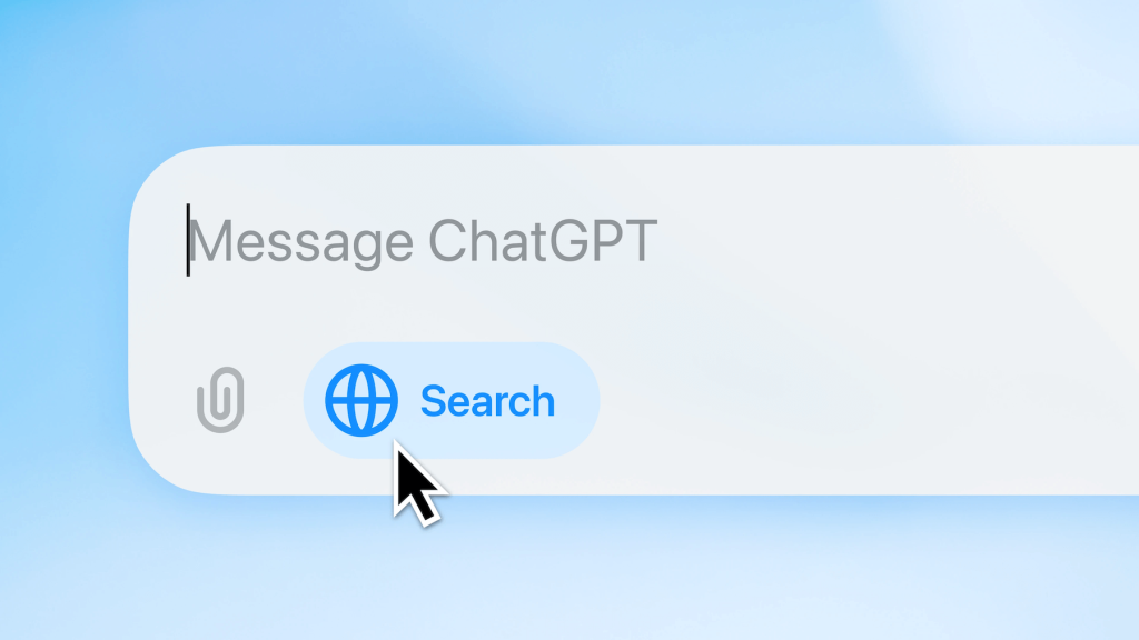 Text input field with "Message ChatGPT" and a cursor clicking a blue "Search" button with a globe icon.