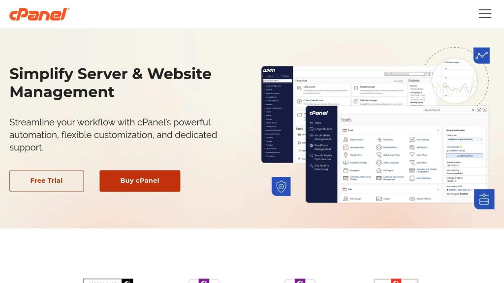 cPanel interface with text: "Simplify Server & Website Management. Streamline your workflow with cPanel’s powerful automation, flexible customization, and dedicated support." Buttons: "Free Trial," "Buy cPanel."