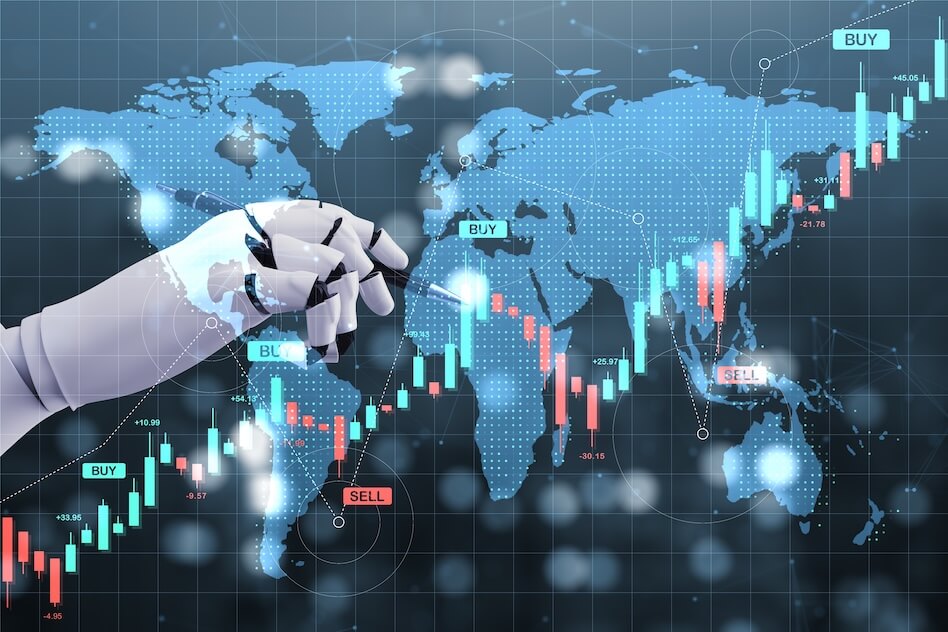 A robotic hand interacts with a digital world map displaying stock market data, with "BUY" and "SELL" indicators.