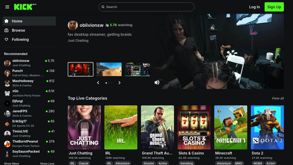 Streaming platform interface showing "oblivionsw" with 5.7K viewers, getting braids. Categories include Just Chatting, IRL, and gaming.
