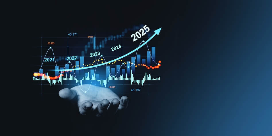 A hand supports a digital graph with upward trend lines labeled 2021 to 2025, symbolizing growth and progress.