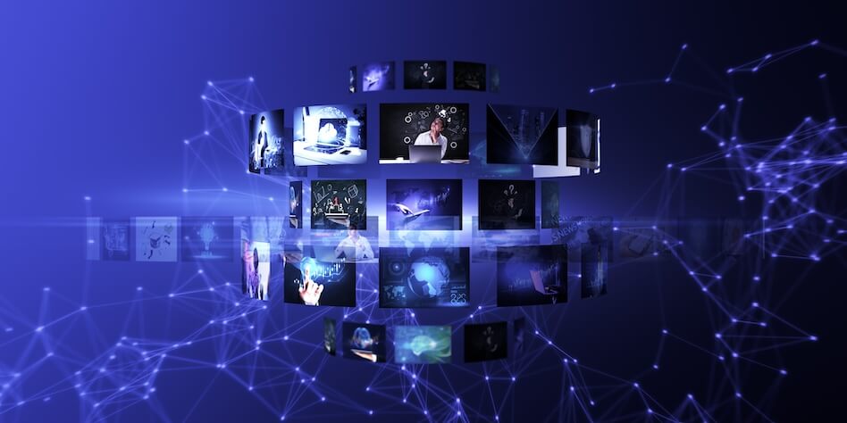 A digital sphere composed of various technology-related images, surrounded by a network of interconnected blue lines on a dark background.