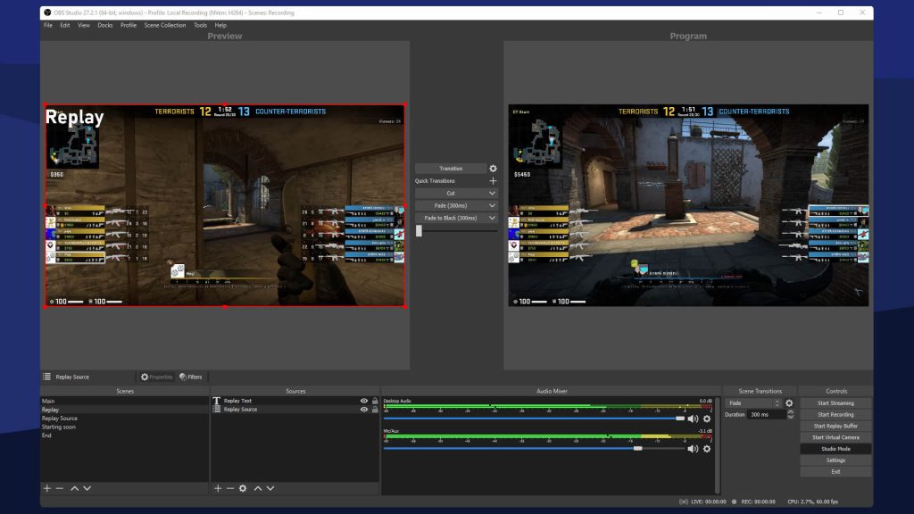 OBS Studio interface showing a live stream of a Counter-Strike game. 