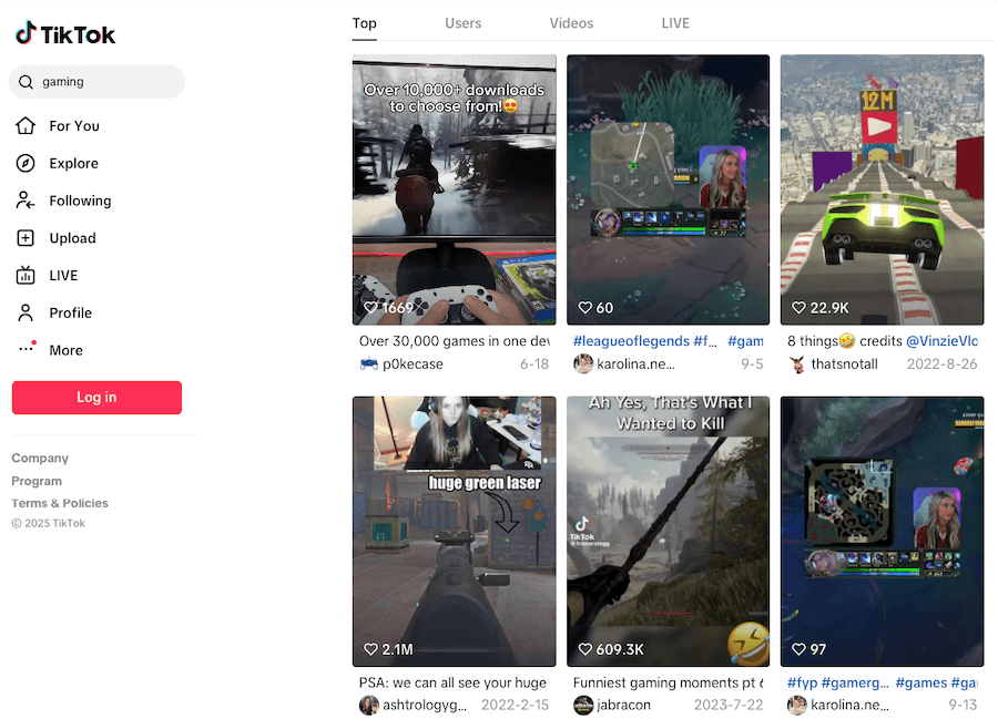 TikTok gaming search results showing six video thumbnails with views and captions, including gameplay and user interactions.
