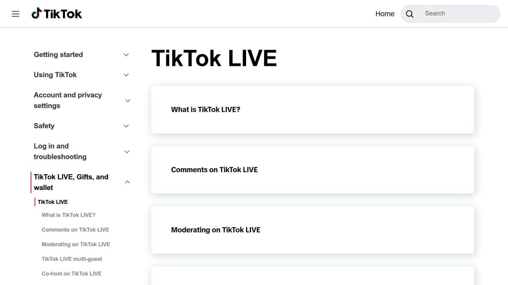 TikTok help page showing sections on TikTok LIVE, including "What is TikTok LIVE?", "Comments on TikTok LIVE", and "Moderating on TikTok LIVE".