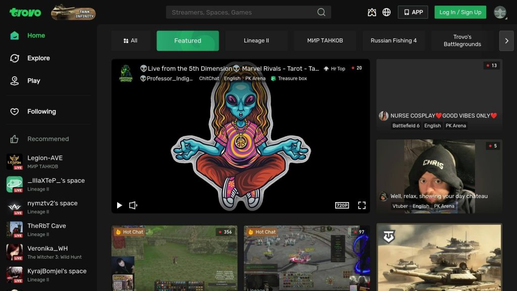 Trovo streaming platform interface showing various live streams. Featured stream titled "Live from the 5th Dimension" with an alien illustration.