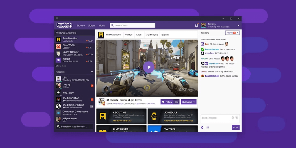 Twitch streaming interface showing AnneMunition's Overwatch gameplay. Chat on the right with messages and user interactions.