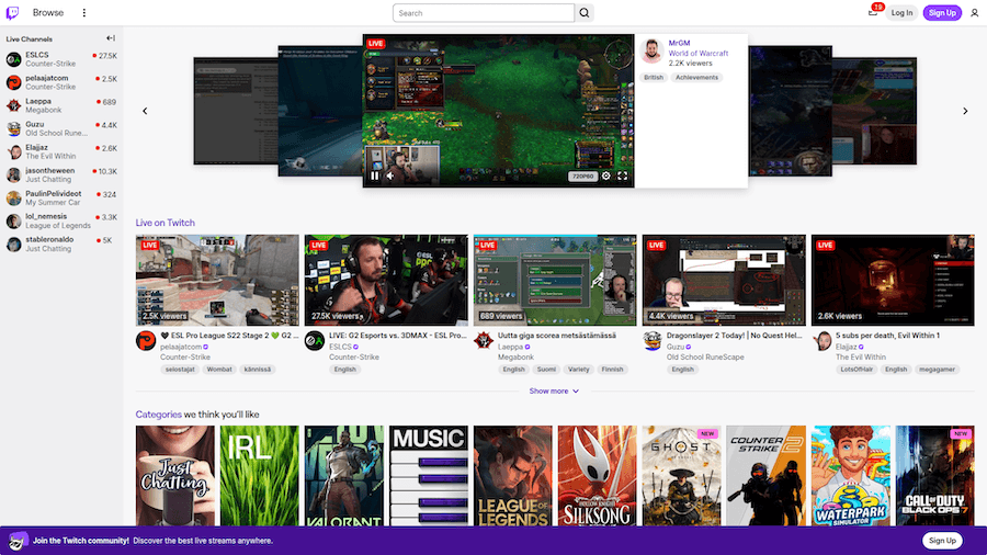 Twitch homepage displaying live gaming streams, including "World of Warcraft" and "Counter-Strike," with categories like IRL and Music.
