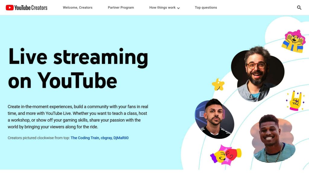 "Live streaming on YouTube" text with three creators' photos and playful graphics on a light blue background.