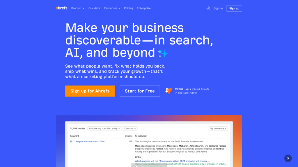 Blue webpage promoting Ahrefs with text: "Make your business discoverable—in search, AI, and beyond." Buttons: "Sign up for Ahrefs" and "Start for Free."