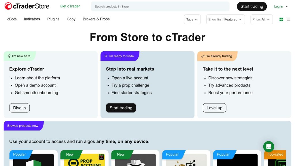 cTraderStore webpage with sections for new, ready, and experienced traders. Options include exploring, starting trading, and leveling up.