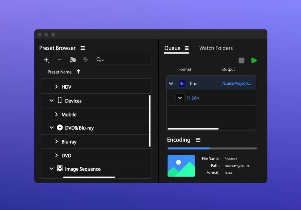 Video encoding software interface showing preset browser, queue, and encoding settings. Selected format is H.264, file name "final.mp4".