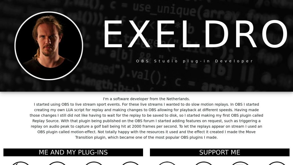EXELDRO, OBS Studio plug-in developer, with a portrait on the left. Text describes software development and plug-in creation journey.