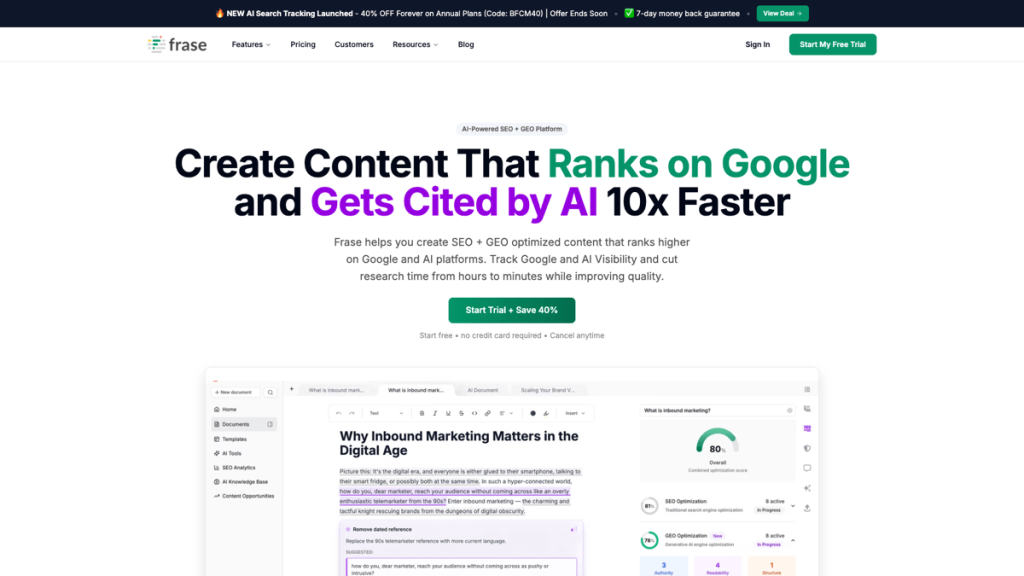 AI-powered SEO platform Frase homepage promoting content creation that ranks on Google and gets cited by AI 10x faster.