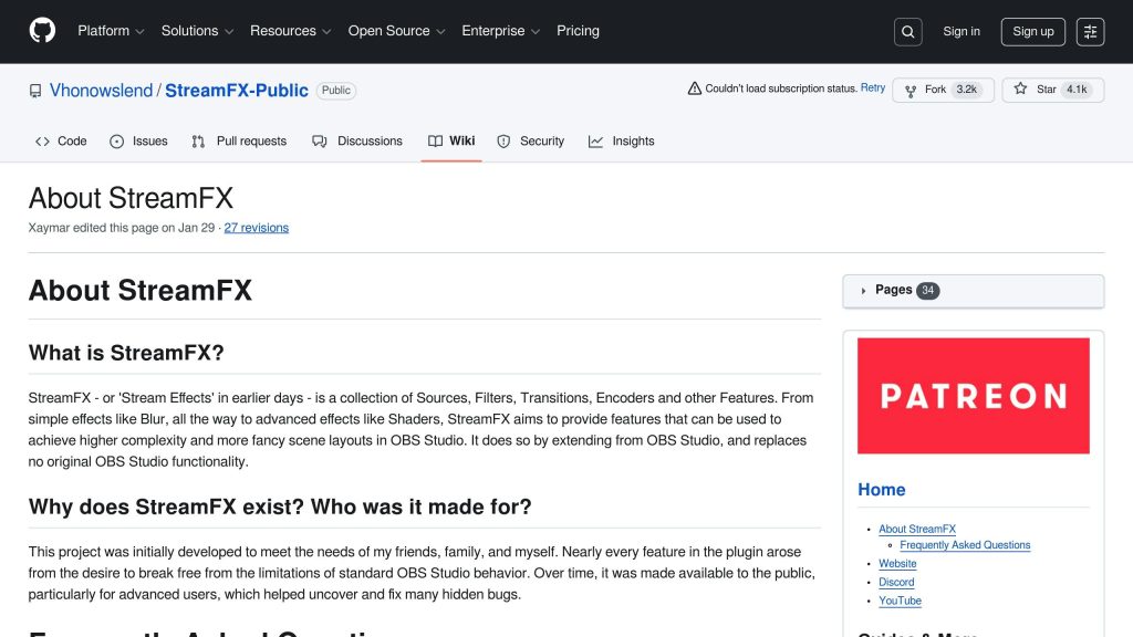 GitHub wiki page for StreamFX, detailing features and purpose. Includes navigation links, a Patreon banner, and text about StreamFX's development.