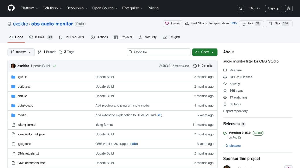 GitHub repository page for "exeldro/obs-audio-monitor" showing file list, commit history, and project details for an OBS Studio audio monitor filter.
