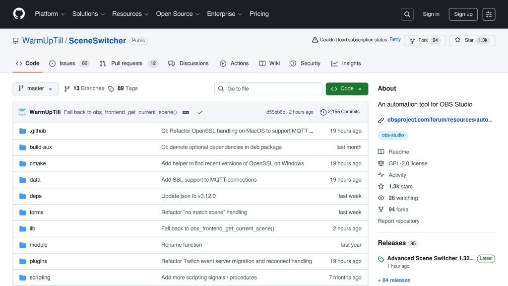 GitHub repository page for "WarmUpTill/SceneSwitcher" showing code files, branches, tags, and commit history. Includes project description and release information.