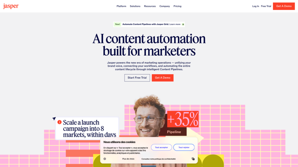 Jasper website homepage featuring "AI content automation built for marketers" with options for free trial and demo. Cookie consent displayed.