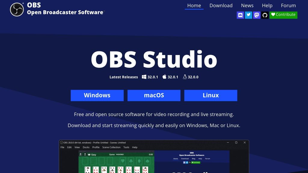 OBS Studio homepage showing download options for Windows, macOS, and Linux. Features include video recording and live streaming.