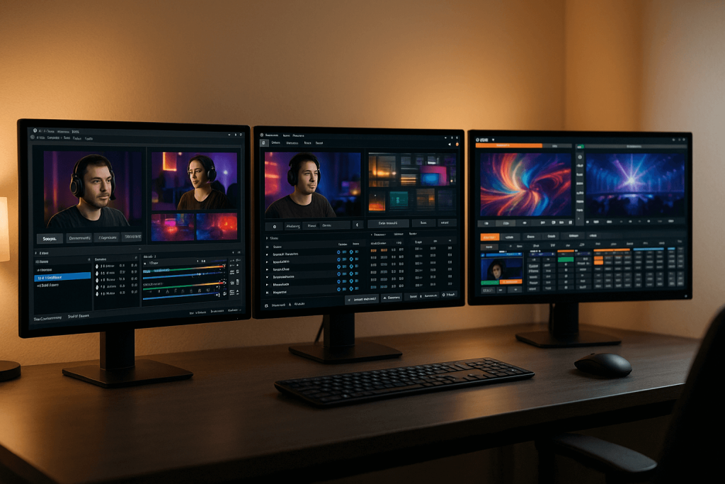 Three computer monitors display video editing software with various clips, color adjustments, and timelines. A keyboard and mouse are on the desk.