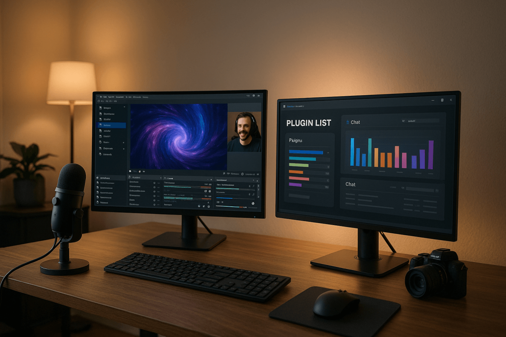 Dual monitors on a desk display streaming software and plugin list, with a microphone, keyboard, and camera nearby.