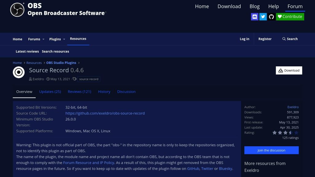 OBS Open Broadcaster Software webpage for "Source Record 0.4.6" plugin by Exeldro, featuring details, download, and discussion options.