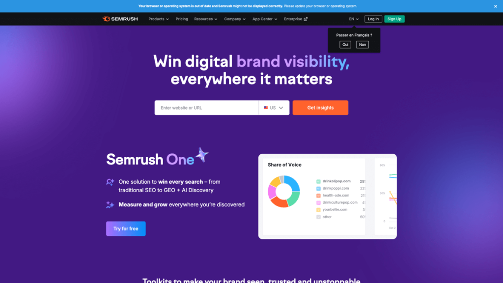 SEMrush homepage with text "Win digital brand visibility, everywhere it matters," search bar, and "Share of Voice" chart.