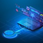 Laptop displaying digital analytics and graphs, surrounded by a magnifying glass, on a blue technological background.