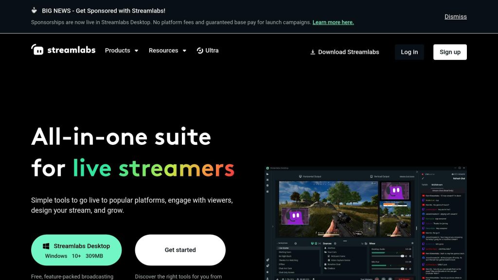 Streamlabs homepage promoting an all-in-one suite for live streamers, featuring download options, login, and sign-up buttons.