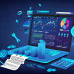 A laptop displaying various colorful data visualizations, charts, and graphs, surrounded by floating financial icons and analytical tools.