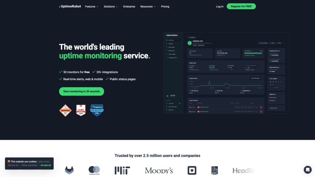 UptimeRobot homepage showcasing uptime monitoring service features, dashboard preview, and logos of trusted companies. Text: "The world's leading uptime monitoring service."