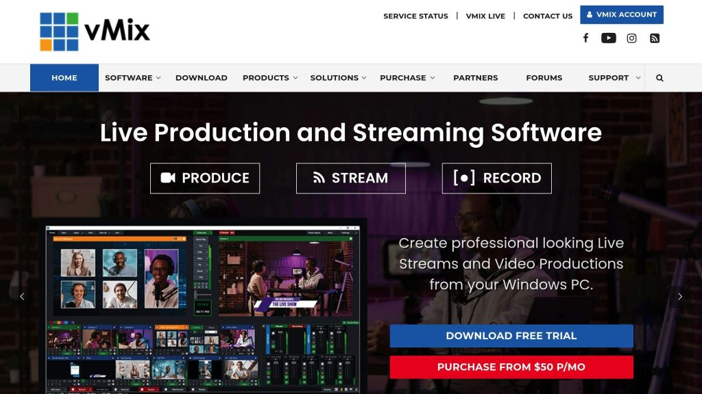 vMix homepage showcasing live production and streaming software with options to produce, stream, and record. Includes download and purchase buttons.