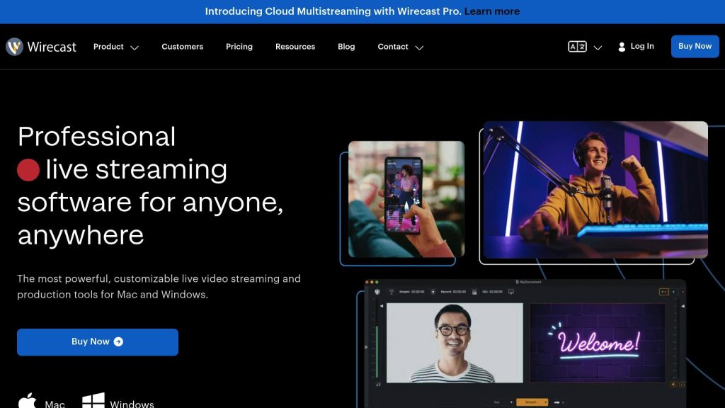 Wirecast homepage showcasing live streaming software with images of a person streaming, a phone screen, and a software interface.