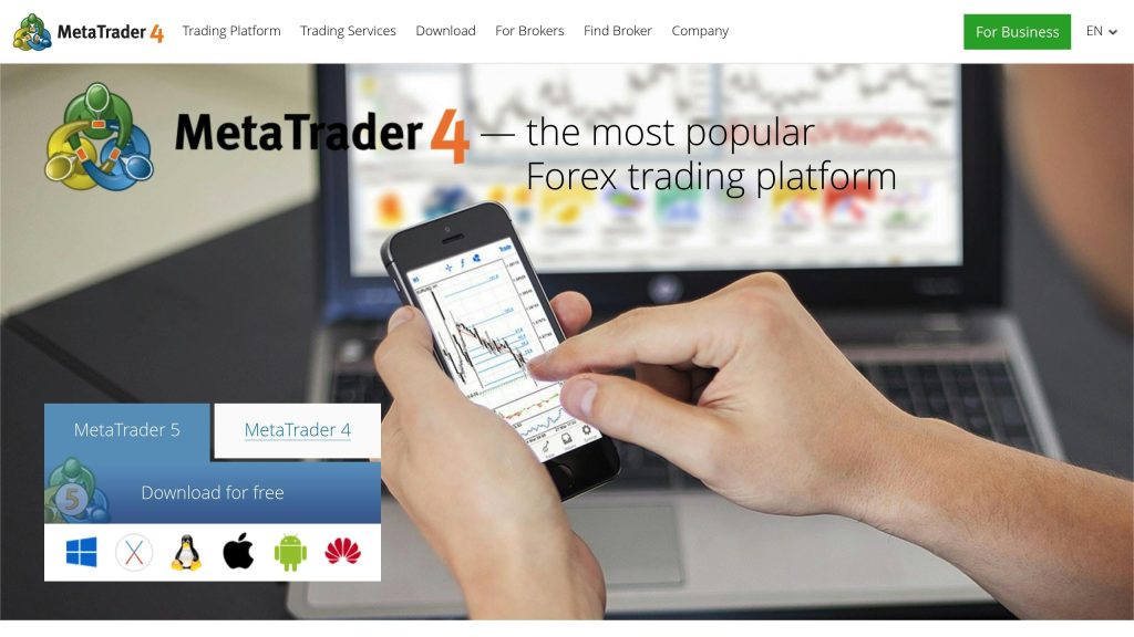 Hands holding a smartphone displaying a trading chart, with text "MetaTrader 4 — the most popular Forex trading platform."