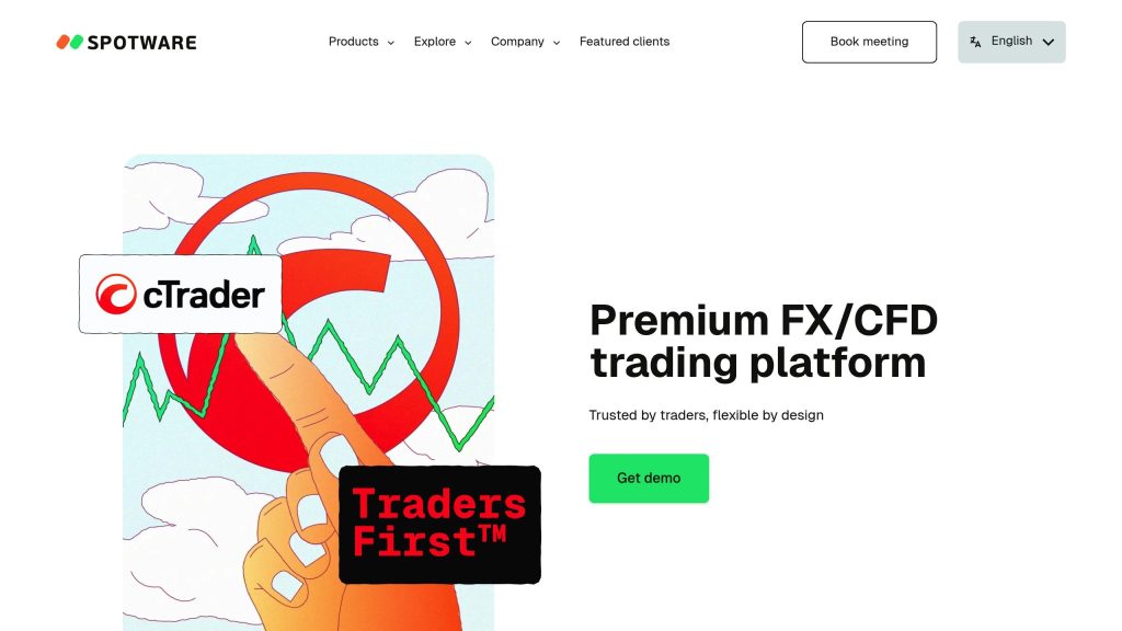 Spotware website screenshot featuring cTrader logo, "Traders First™," and text: "Premium FX/CFD trading platform. Trusted by traders, flexible by design."