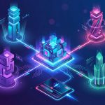 Futuristic digital network with interconnected neon structures and a central glowing cube, representing advanced technology and communication.