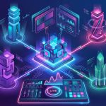 Futuristic digital network with interconnected devices, including a camera, microphone, and control panel, in neon colors.