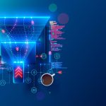Futuristic digital workspace with laptop, smartphone, and coffee cup, surrounded by glowing data icons and code elements.