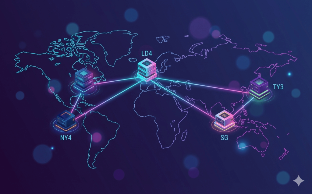 World map with interconnected data centers labeled NY4, LD4, TY3, and SG, highlighted by neon lines and glowing nodes.