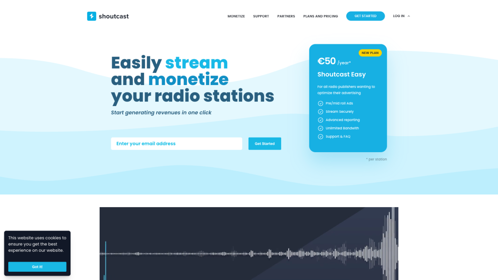 Shoutcast website homepage promoting radio streaming and monetization, featuring subscription plan details and email sign-up form.
