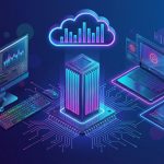 Digital illustration of cloud computing, featuring a server, desktop, laptop, tablet, and smartphone interconnected with neon circuitry.