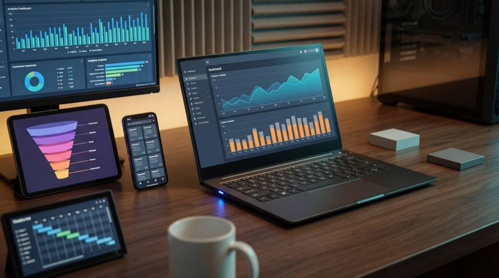 Laptop, tablet, smartphone, and monitor displaying analytics dashboards with graphs and charts on a wooden desk, coffee mug nearby.