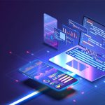 Futuristic digital workspace with laptop, smartphone, and floating data screens displaying graphs and code, set against a dark background.