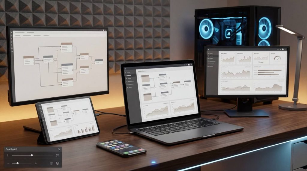Multiple screens display data dashboards and flowcharts on a desk with a computer, tablet, and smartphone, under ambient lighting.