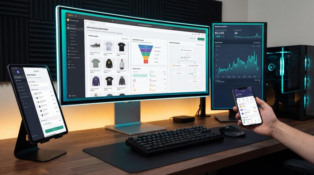 A person uses a smartphone displaying analytics, with a desktop showing eCommerce automation and real-time analytics dashboards.