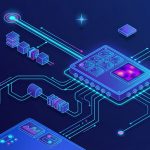 Futuristic circuit board illustration with interconnected pathways, digital components, and glowing neon elements on a dark blue background.